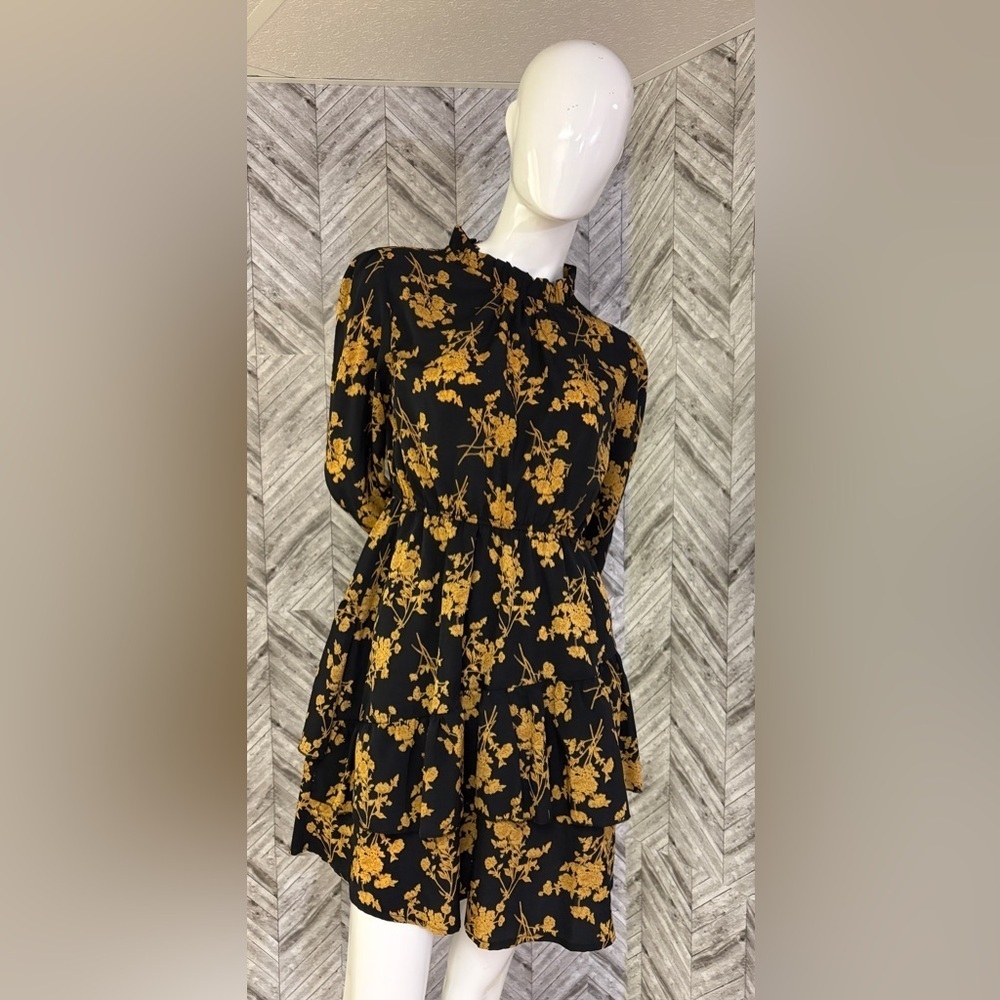 SHEIN Black and Gold Floral Long Sleeve Dress, small